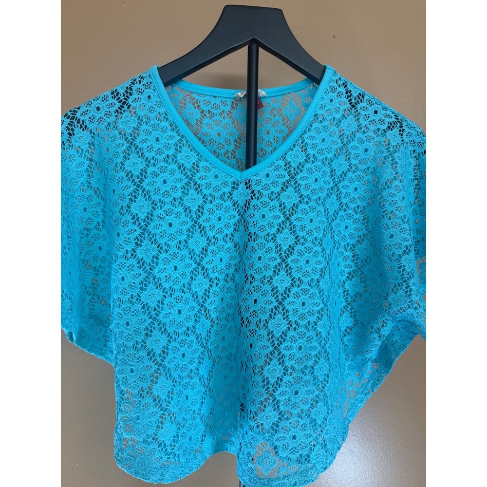 LEI Girls Blue Floral Lace Poncho Top V-Neck Cropped Sheer Size M 7/8
